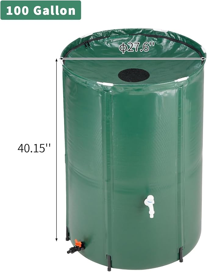 100 Gallon Collapsible Rain Barrel, Portable Water Storage Tank, Foldable Rainwater Collect System Downspout, Water Catcher Container with Filter, Spigots Overflow Kit (Green, 100 Gallon)
