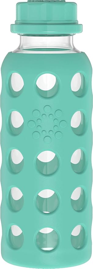 Lifefactory 9-Ounce Glass Water Bottle with Flat Cap and Silicone Sleeve Kale