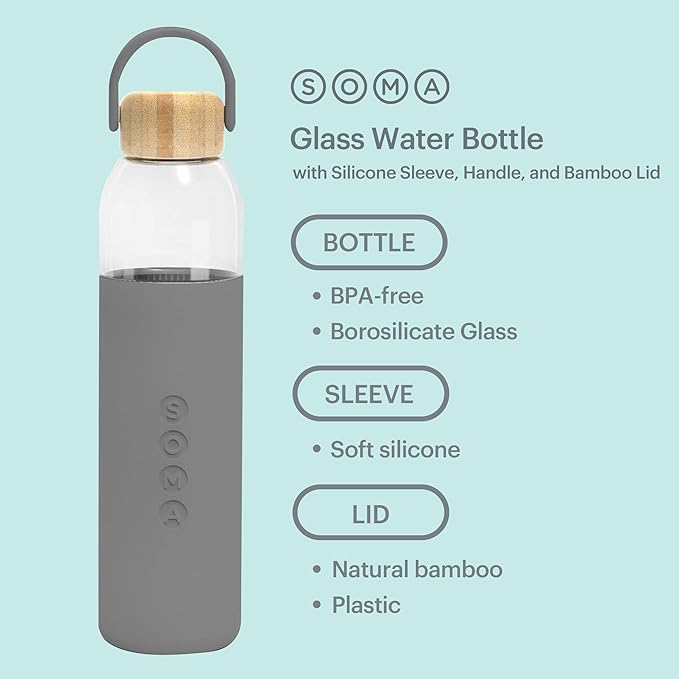 Soma by Full Circle 25oz Glass Water Bottle with Silicone Sleeve - BPA-Free, Leak-Proof, Eco-Friendly, Sustainable - Gray