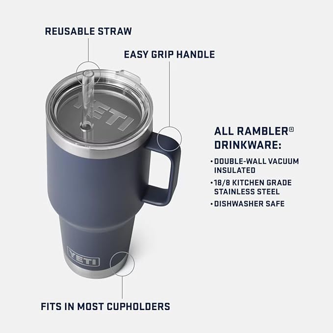 YETI Rambler 35 oz Tumbler with Handle and Straw Lid, Travel Mug Water Tumbler, Vacuum Insulated Cup with Handle, Stainless Steel, Cherry Blossom - Textured