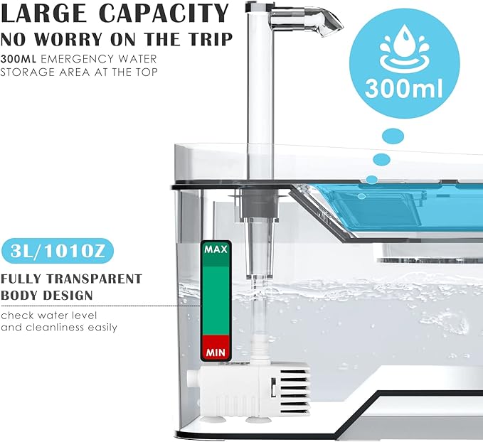 PETNF Transparent 3L/101oz Pet Water Fountain - Automatic Cat & Dog Dispenser with LED Light, Ultra Quiet Pump, 3 Flow Modes & 2 Filters - AquaVibe