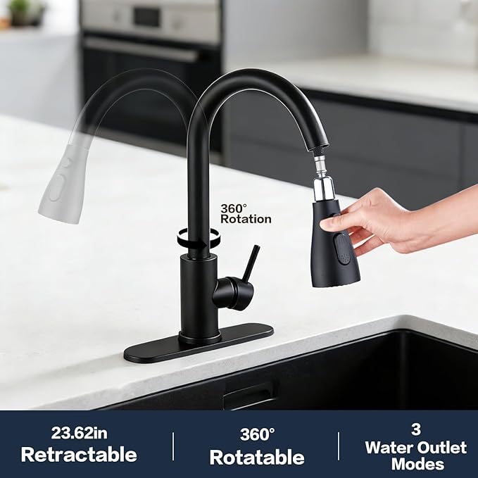 Kitchen Faucet with Pull Down Sprayer，Black Kitchen Sink Faucet，High Arc Single Handle Classic Stainless Steel Sink Faucet，1 or 3 Hole,Suitable for Farmhouse Camper Laundry Rv Bar
