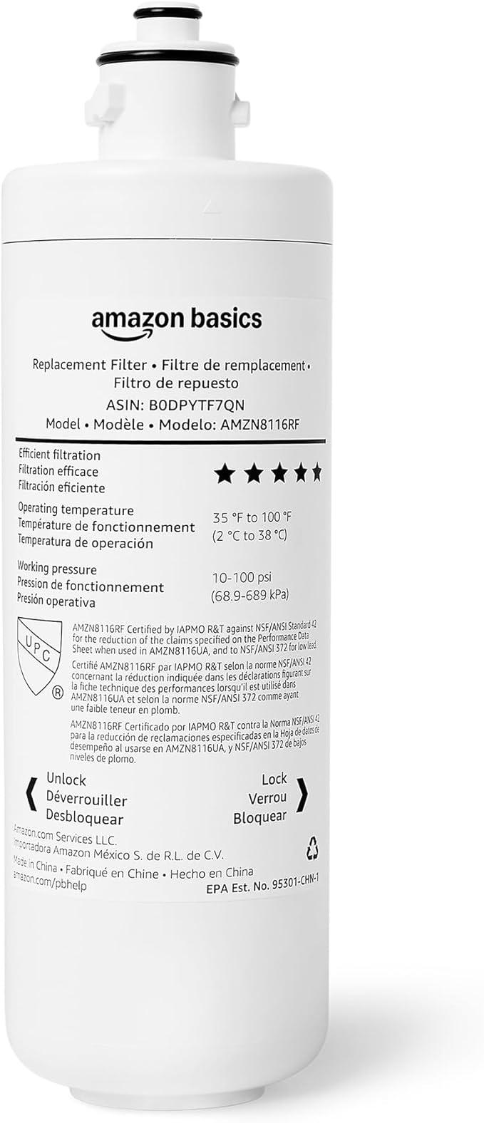 Amazon Basics Replacement Filter Cartridge for Under Sink Water Filter, NSF/ANSI 42 & 372 Certified, Service Life 1 Year, 11,000 Gallons, White