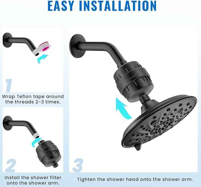 Ryamen Heavy Duty Shower Filter, Shower Water Filter, 99% REMOVAL Shower Head Filter for Hard Water, Heavy Metals, Chlorine (1 Cartridge, Black) - AquaVibe
