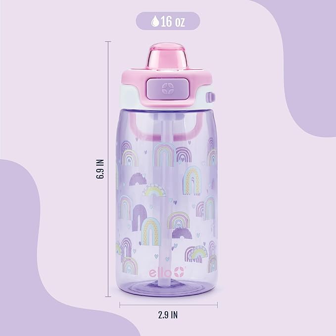 Ello Pop & Fill 16oz Tritan Plastic Kids Water Bottle with Quick Fill Lid | BPA Free Reusable Bottle with Leak Proof Straw and Chug Lid, Dishwasher Safe, Gift For Kids, Rainbows