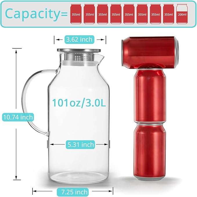 Bivvclaz 3 Liter 101 oz Glass Pitcher with Lid and Handle, Glass Water Pitcher for Fridge, Glass Carafe for Hot/Cold Water, Iced Tea Pitcher, Large Jug for Coffee, Juice and Homemade Beverage