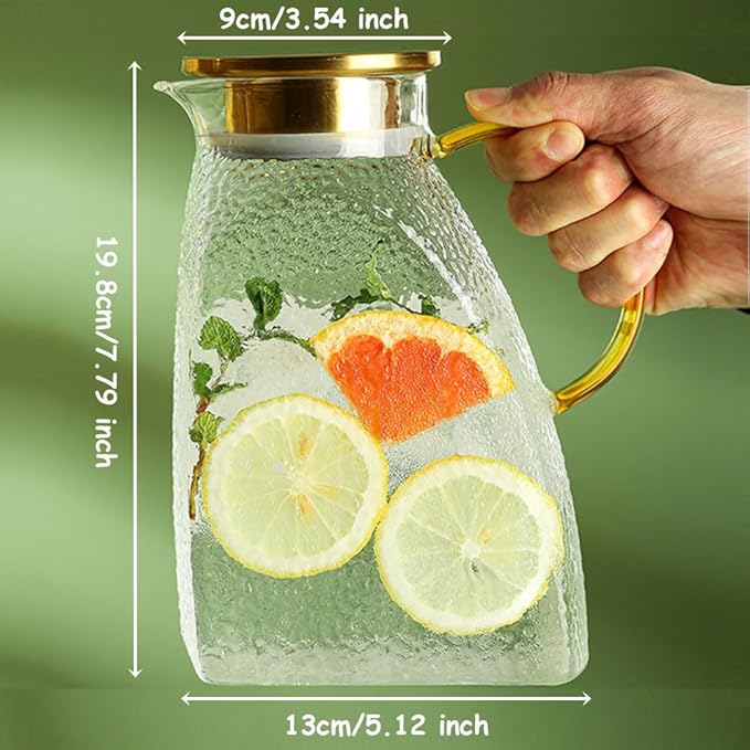 1.5L Glass Pitcher with Stainless Steel Gold Lid - Ideal Fridge Door Water Pitcher for Hot or Cold Beverage, Iced Tea, Juice, Milk, Coffee, Lemonade