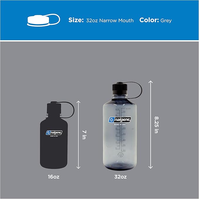Nalgene 32 oz Narrow Mouth Water Bottle | BPA-Free, Durable & Leak Proof, Lightweight Bottle for Gym, Office & Travel, Grey