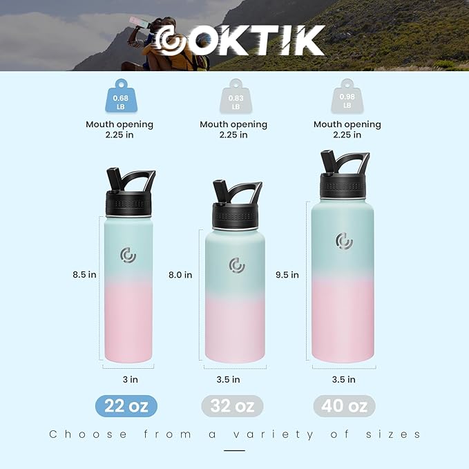 COKTIK 22oz Sports Water Bottle, Stainless Steel Water Bottle for Insulated, Reusable Travel Bottle, With Straw, With Handle Grip for Easy Carrying, Suitable for Cycling, Outdoor Vacations(Bubble Gum)