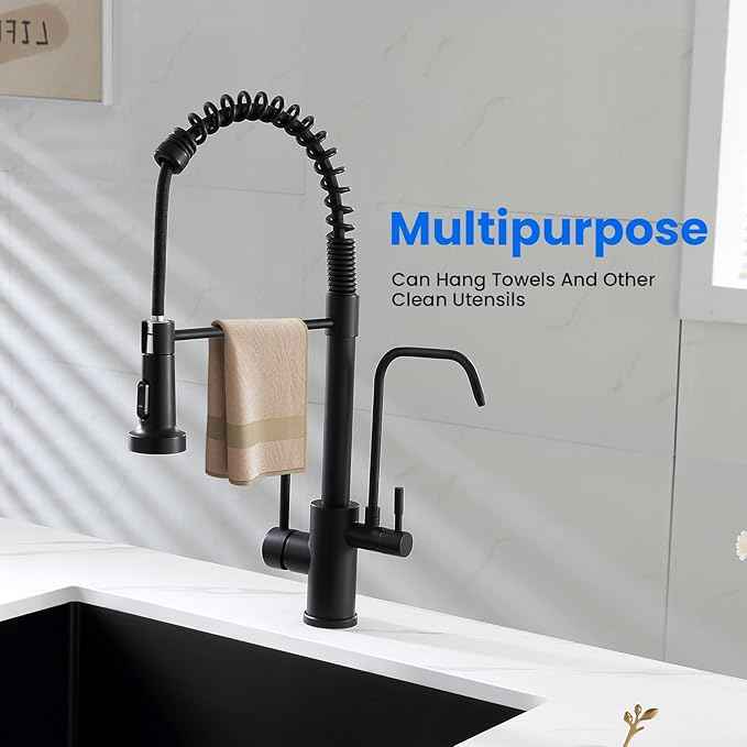 POPFLY 3 in 1 Kitchen Faucet With Drinking Water Purifier, Pull Down Sprayer, High Arch 2 Handle Filter Faucet, Black