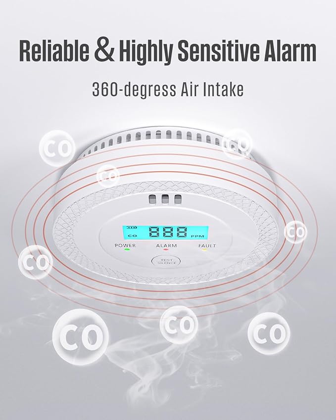 3 Pack Carbon Monoxide Detectors,PG-C06 Portable Carbon Monoxide Detector,LCD Display Smoke Alarm,Carbon Monoxide Detectors Portable for Home,Restaurant,Hotel,Office (White)