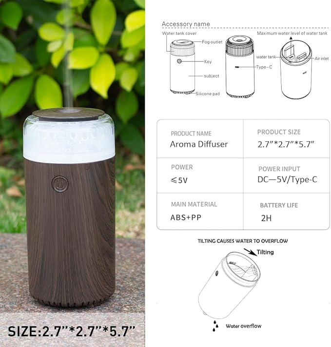 Upgrade Car Diffuser,90ml USB Rechargeable Aroma Essential Oil Aromatherapy Humidifier Diffuser(Built-in Battery Dark Grey Wood Grain)