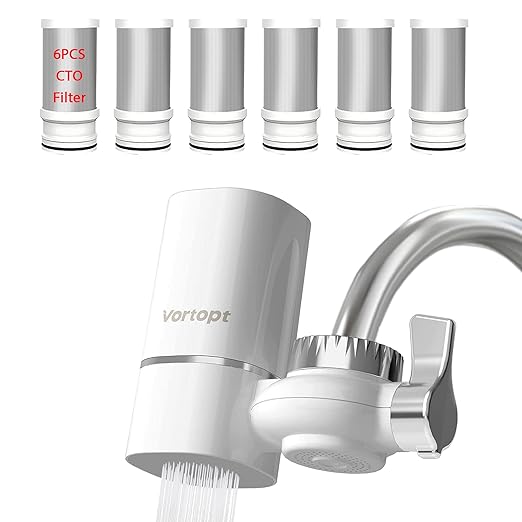 Vortopt Water Filter for Sink Faucet,NSF/ANSI 42 Certified Sink Water Filter,400 Gallon Capacity,Reduces 99% Chlorine & Odors,with 6 Replacement Cartridges.