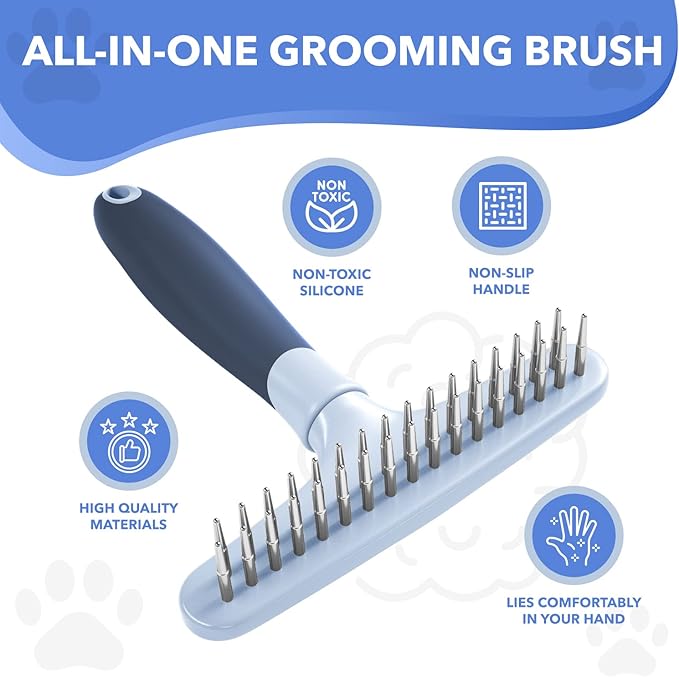 Dog rake deshedding dematting Brush Comb - Undercoat rake for Dogs, Cats, matted, Short,Long Hair Coats - Brush for Shedding, Double Row Stainless Steel pins - Reduce Shedding by 90% (Haze Blue) - AquaVibe