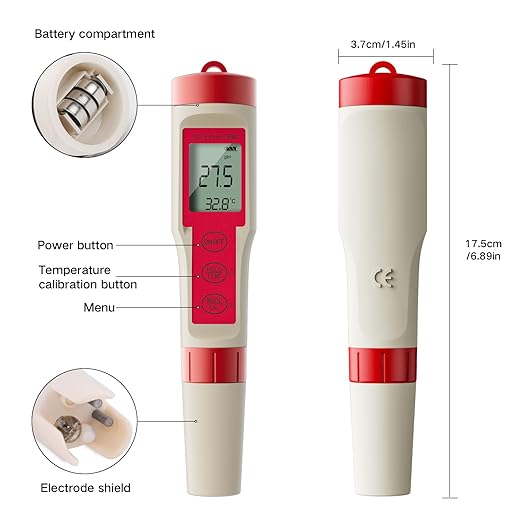ZuanXin TDS Tester, 4 in 1 Tester with PH/TDS/EC/Temp, Pool PH Tester for Drinking Water, Swimming Pools, Hot Tubs, and Spas(red and White)