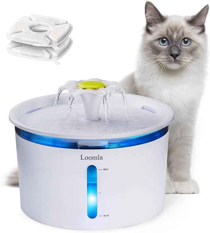 Loomla Cat Water Fountain, 85oz/2.5L Pet Water Fountain Indoor, Automatic Dog Water Dispenser with Switchable LED Lights, 2 Replacement Filters for Cats, Dogs, Pets (White)