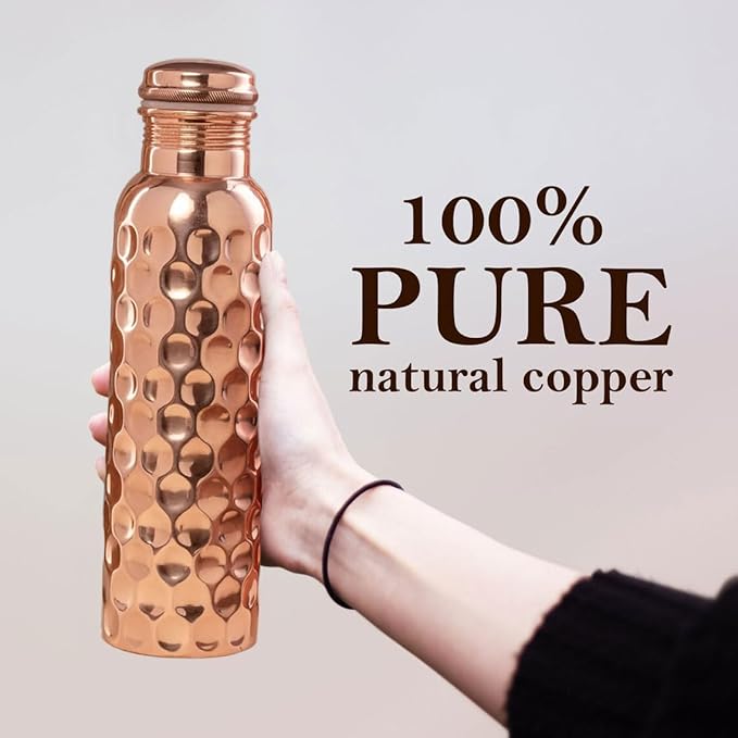 Diamond Cut Copper Water Bottle - Leak Proof Ayurvedic Drinkware Copper Vessel for Sports, Gym, Outdoors, Yoga