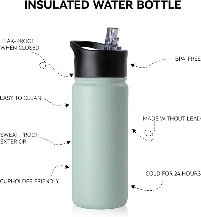 16 oz Insulated Water Bottle Bulk 4 Pack, Straw & Spout Lid, Keep Cold 24H, Spill Proof, BPA-Free, Double Wall, Stainless Steel Kids Water Bottles for School, Sports, Turquoise Blue
