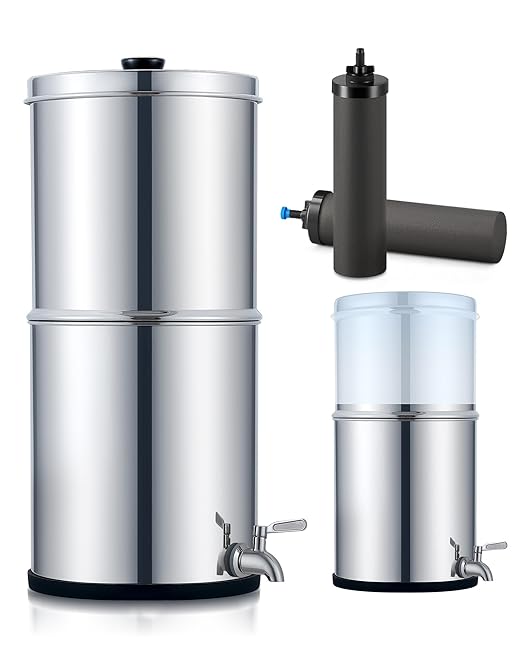 2.25 Gal Gravity Fed Water Filter System - Countertop Stainless Steel Countertop Water Filtration System, Gravity Water Purifier with 2 Carbon Filters NSF/ANSI 42 Certification
