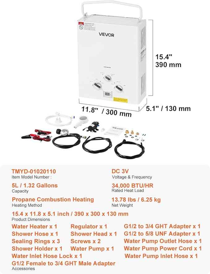 VEVOR Portable Propane Water Heater, 5L Tankless Outdoor Water Heater, 34000 BTU 1.32 GPM Instant Hot Water, with Accessory Set + Regulator +Water Pump for RV Camping Trips Cabins Barns