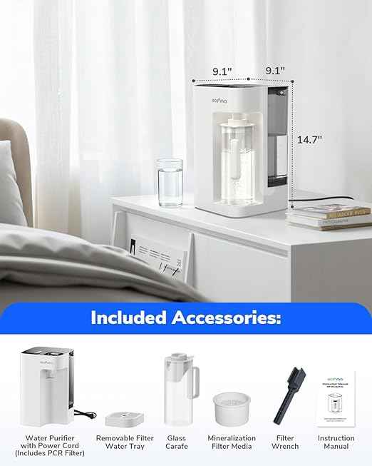 Mate 3 Reverse Osmosis Water Filter Countertop, 3:1 Pure to Drain, Smart Autofill Pitcher, No Installation Water Purifier, 8 Stage RO Water Filtration, with Remineralization, White
