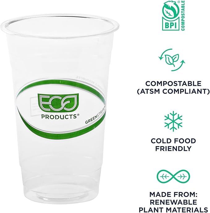 ECO PRODUCTS GreenStripe Clear Compostable 20oz PLA Large Plastic Cups, Case of 1000, Disposable Renewable Plant-Based Cold Cups, For Cold Drinks & Snacks, BPI Certified, ASTM Compliant.
