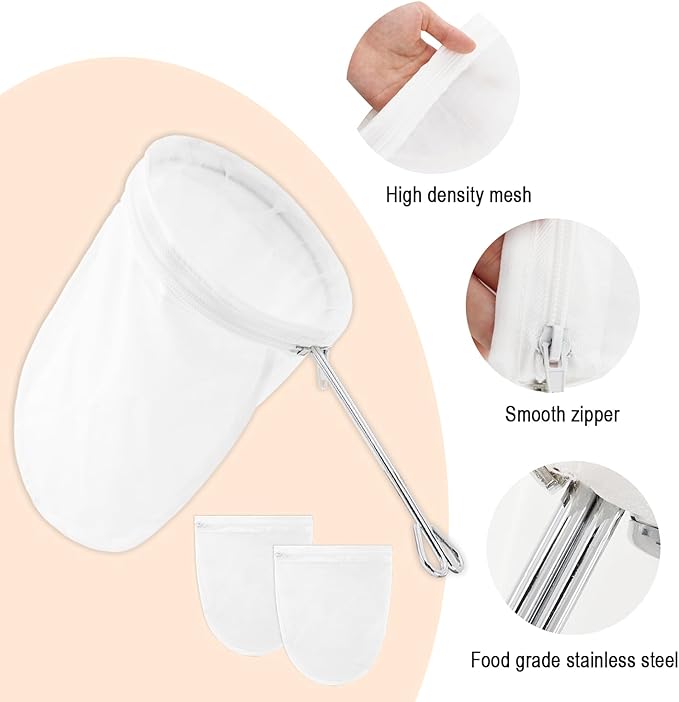 Ultra Fine Mesh Strainer Bags, Reusable Fine Mesh Strainer with Handle, Yogurt Strainer, Cheese Cloths, Suitable for Filtering Tea, Yogurt,Juice,Lard, Bacon Grease, Coffee and Milk