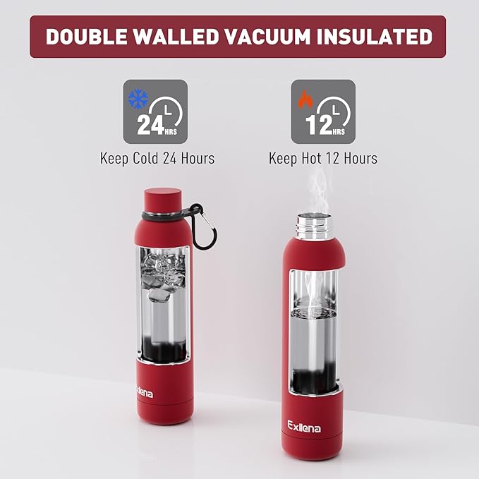 Exllena Slim Insulated Water Bottles for Travel 25oz with Clip, Double Wall Vacuum Stainless Steel Water Bottle Keeps Drinks Cold 24 Hrs/Hot 12 Hrs, 100% Leakproof, BPA Free（Red）