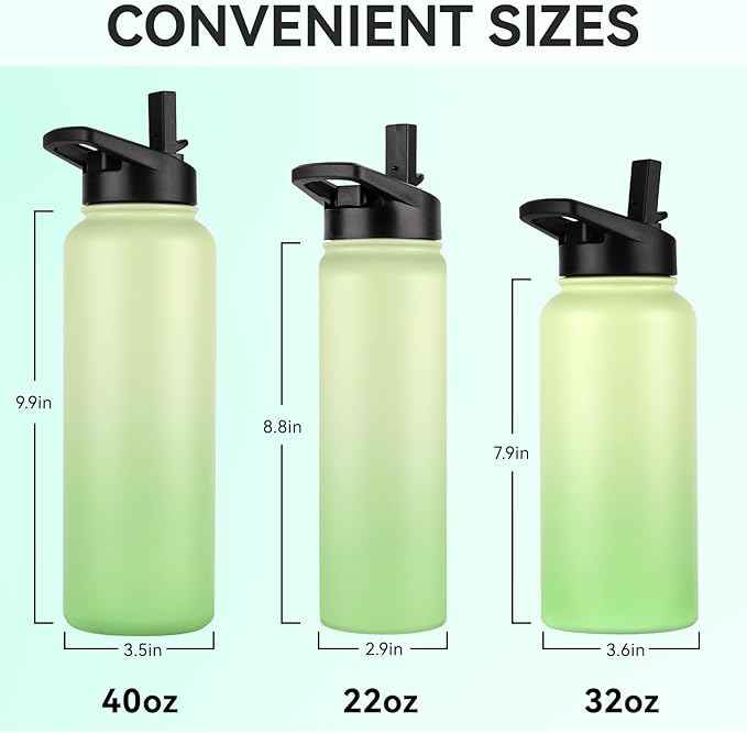 DOMICARE Insulated Water Bottle, 22 oz Vacuum Insulated Stainless Steel Reusable Sports Bottle with Straw Lid & Spout Lid for Travel, Camping, Bike, Leakproof, Green Gradient, 1 Pack