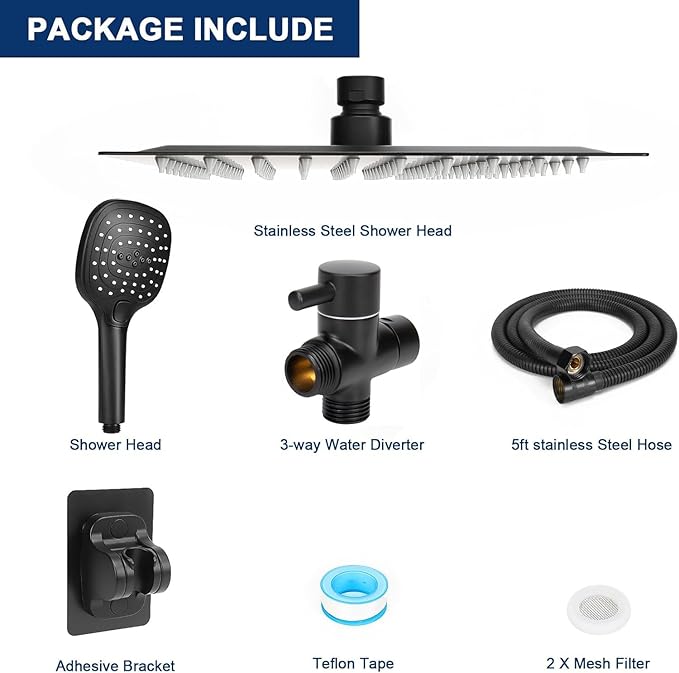 NearMoon Shower Head with Hose, High Pressure Stainless Steel Rain Shower and 3 Settings Handheld Spray Combo with Push Button Flow Control (8 Inch Showerhead Set, Matte Black) - AquaVibe