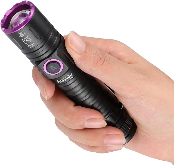 ALONEFIRE SV87 365nm UV Flashlight Zoom 5W Type C USB Rechargeable Black Light Money Detector for Resin Curing, Pet Urine Detection, Scorpion, Fishing, Minerals, Leaks, Cure Glue with Battery