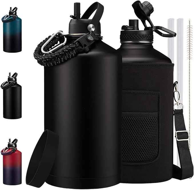 1 Gallon Water Bottle Insulated 128oz - Stainless Steel Water Bottles Keep Cold 48H, Fitness Sports Water Bottle with Straw & Spout Lid, Paracord Handle, Carrier Bag with Strap,Black 128 OZ Jug