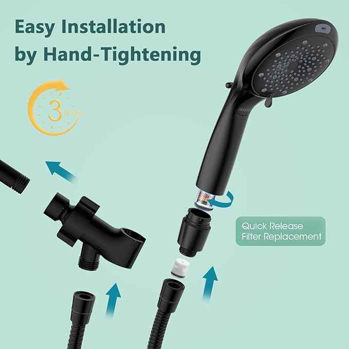 FASDUNT Filtered Shower Head with Handheld, High Pressure 8-Mode Handheld Showerhead with Filters for Hard Water -Remove Chlorine, Built-in Power Wash, 80" Long Hose & Adjustable Bracket, Black