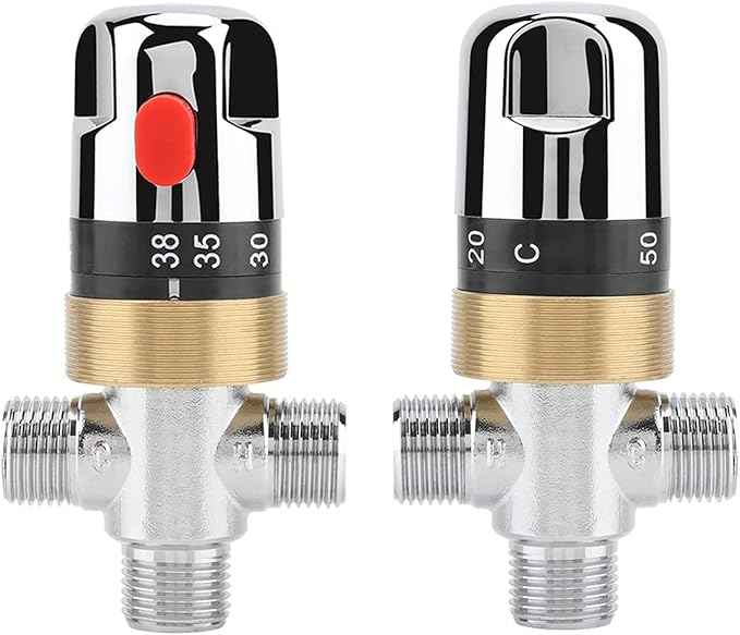 G1/2in Thermostatic Mixing Valve, Bathroom Water Temperature Control, Brass Thermostat Valve with Safety Switch for Bathtub Basin Kitchen, Easy to Install Durable Chrome Plated Acc