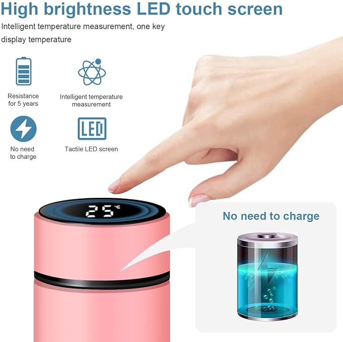 Smart Water Bottle Stainless Steel Vacuum Flask,Travel Mug with Smart LCD Touch Screen, Keep Hot Or Cold, Car Portable Travel Tea Coffee Vacuum Thermo Cup,Insulated Water Bottle (Pink)