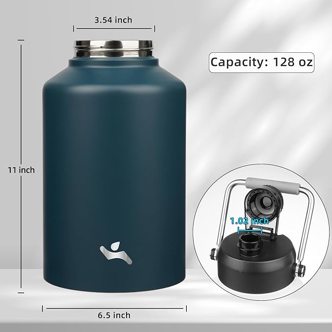 1 Gallon Jug with Handle,128 oz Insulated Water Bottle with Carrying Pouch, Double Wall Vacuum Stainless Steel Metal Bottle,Navy blue