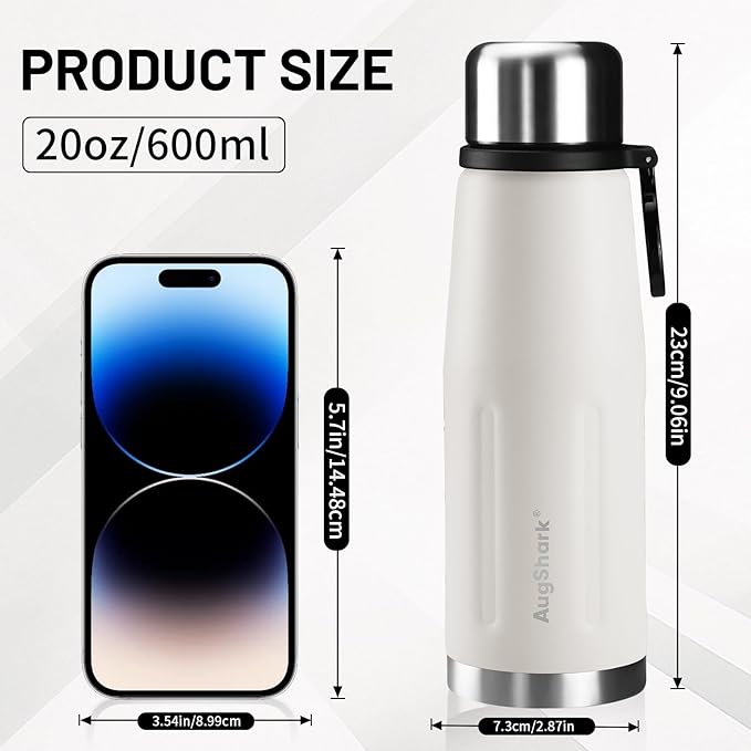 20oz Stainless Steel Insulated Water Bottle Travel Coffee Cup with Lid Leak Proof Metal Water Bottle for Hot and Cold Drink Water Flask (White)