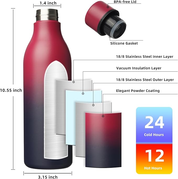 BJPKPK Insulated Water Bottles, 25 oz Stainless Steel Metal Water Bottle with Strap, BPA Free Leak Proof Jugs, Mugs, Flasks, Reusable Thermal Flasks for Sports & Travel,Charming Red