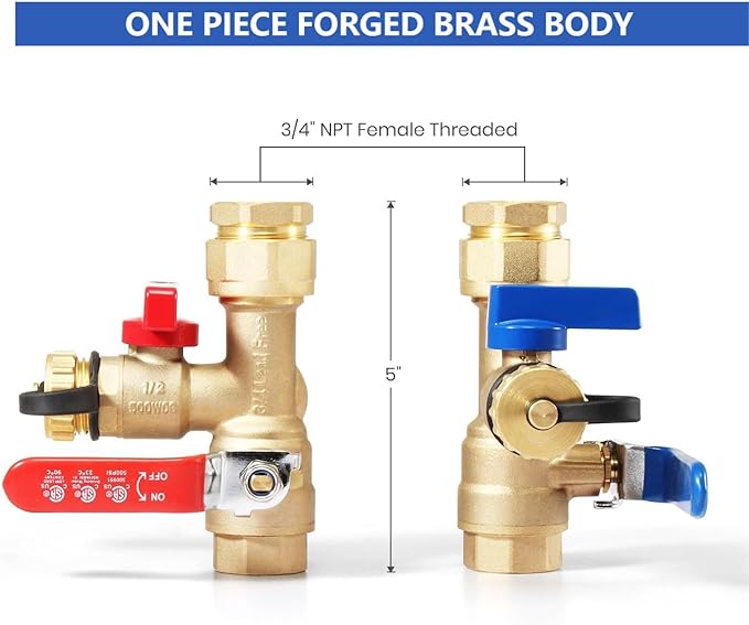 Long Term 3/4 Inch IPS Isolator Tankless Water Heater Service Valve Kit, with Pressure Relief Valve, Clean Brass Construction, PTFE Thread Tape