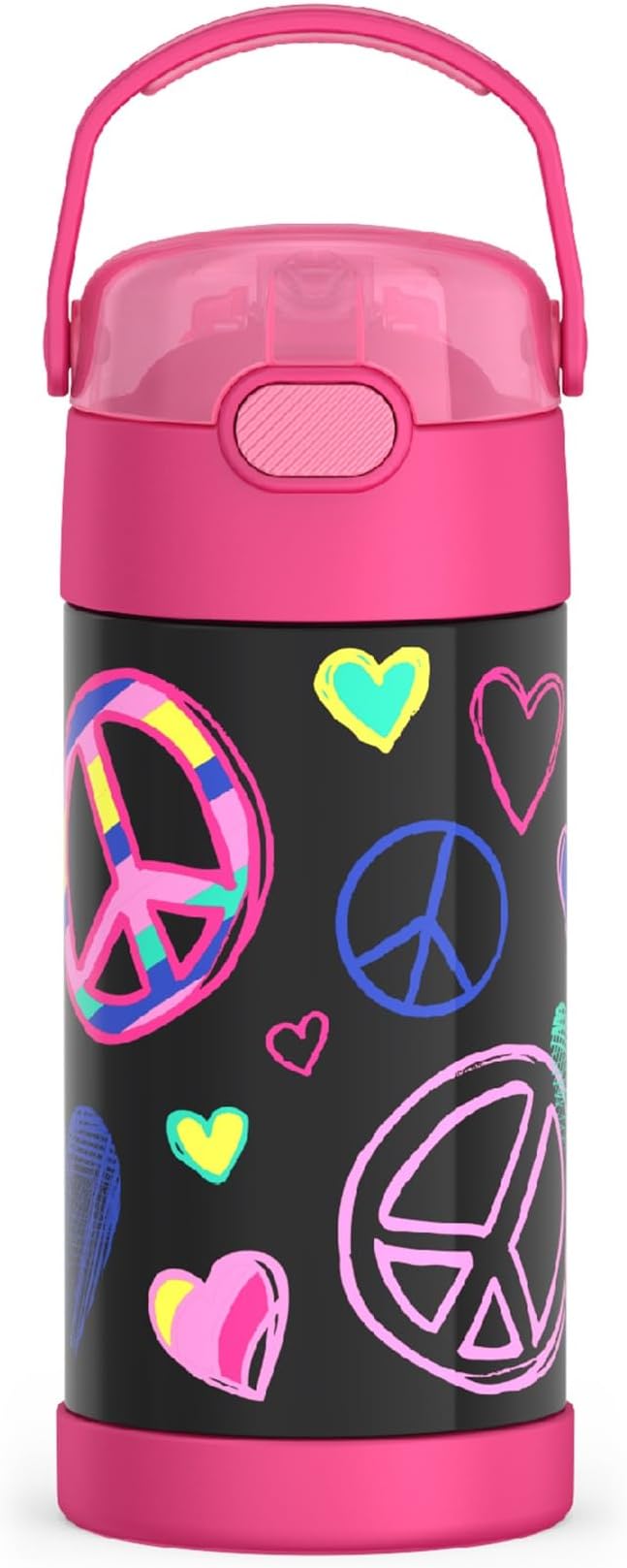 THERMOS FUNTAINER Water Bottle with Straw - 12 Ounce - Kids Stainless Steel Vacuum Insulated Water Bottle with Lid, Peace
