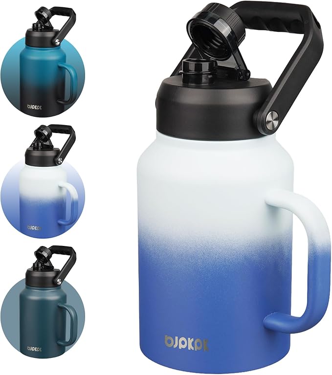 BJPKPK 64oz Insulated Water Bottle with Handle, Large Dishwasher Safe Half Gallon Water Bottle, BPA Free Water Jug, Wide Mouth Metal Flasks with Anti-slip Bottom, Keep Cold & Hot, Sky