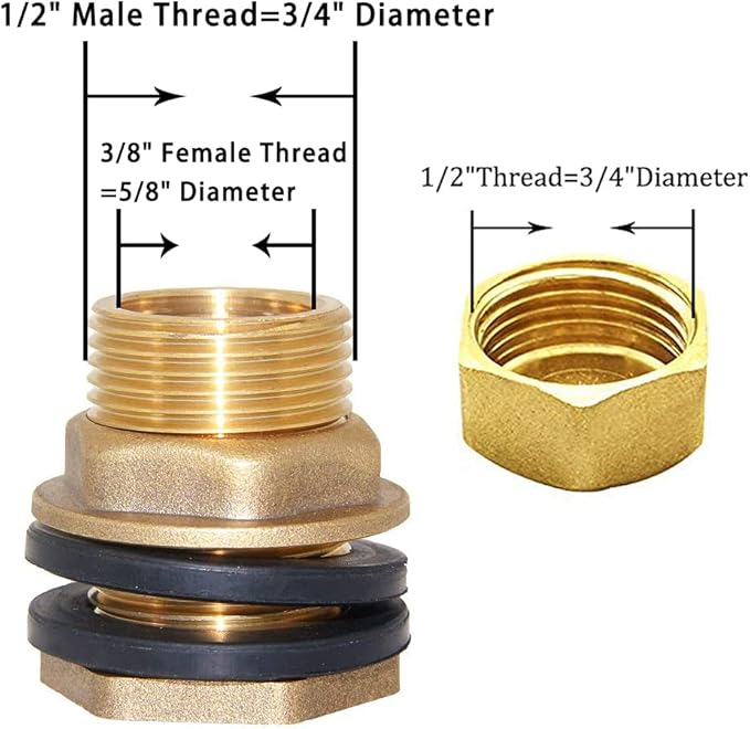 Joywayus Brass Male Bulkhead Kit Include 3/8" Female 1/2" Male Water Tank Connector Threaded And 1/2" Female Outer Hex Head End Pipe Caps with Rubber Gasket - AquaVibe