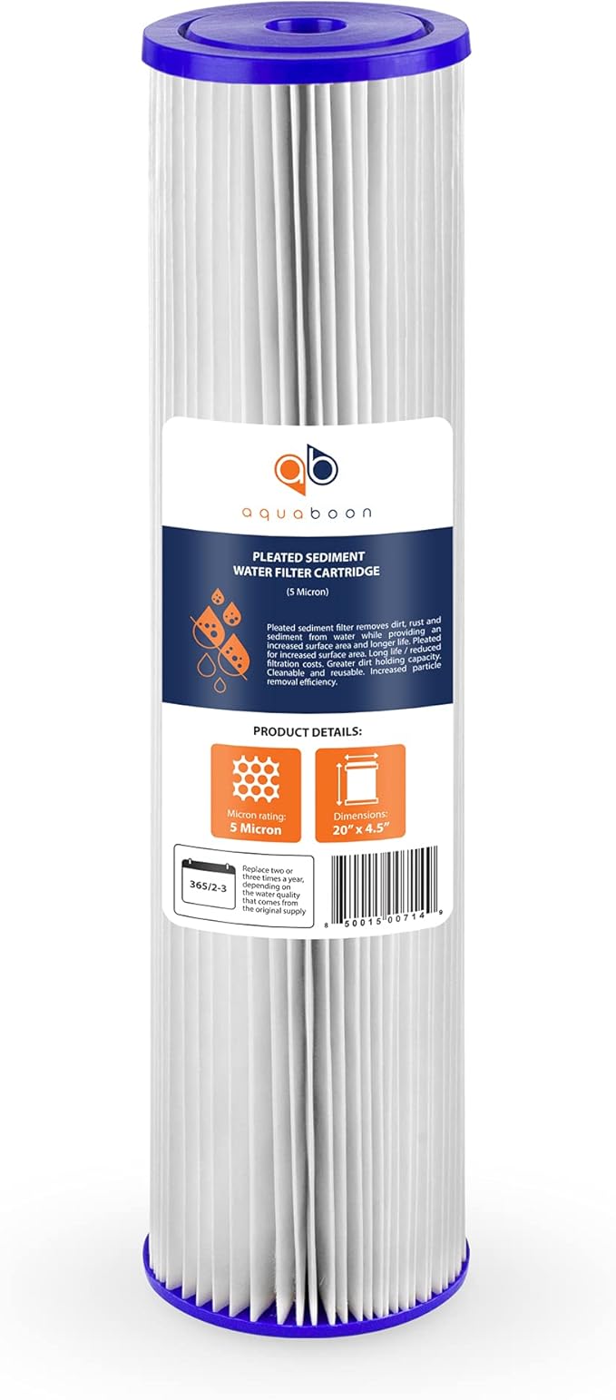 Aquaboon 20 Inch Whole House Pleated Water Sediment Filter Replacement 5 Micron Water Filter Cartridge Compatible with ECP5-20BB, SPC-45-2005, 10-Pack