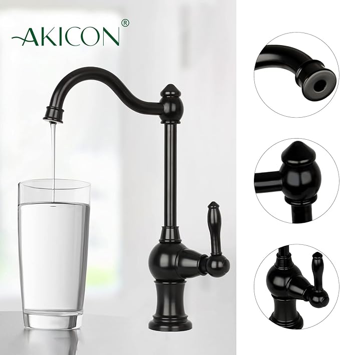 Akicon Kitchen Water Filter Faucet, Brass Body 100% Lead-Free Drinking Water Faucet Fits Most Reverse Osmosis Units or Filtration System, Non-Air Gap, Cold Water Only(Matte Black)