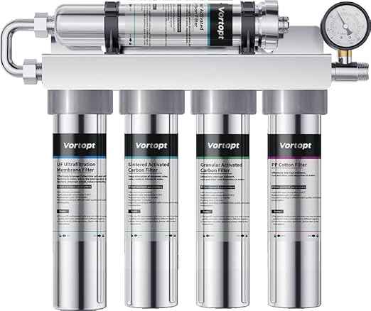 Vortopt Under Sink Water Filtration System-NSF&CEC Certified,Stainless Steel Water Filter, Real-time Pressure Gauge,0.01μm Kitchen Undersink Water Filtration,Retain Beneficial Minerals,U1(5 Filters)