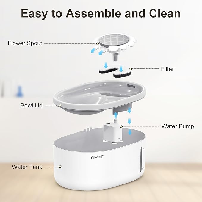 NPET Cat Water Fountain with Visible Water Level Window, White Grey 2L/67oz Automatic Pet Water Fountain with Quiet Pump, Dog Water Dispenser for Drinking (Regular)