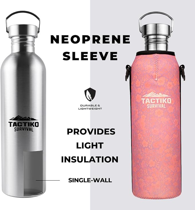 Tactiko Survival 51 oz/1500ml Stainless Steel Wide Mouth Water Bottle, Single Wall Boil-Safe, Leakproof, BPA-Free with Carry Sleeve and Strap for Camping, Hiking, Outdoor Prep (Pink)
