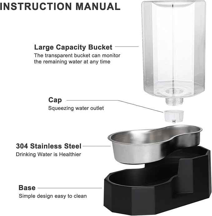 Sfozstra Dog Water Bowl Dispenser: 6L Large Black Gravity Stainless Steel Bowl - Without Filter - Pet Feeder for Pets Indoor/Outdoor Use by Owners