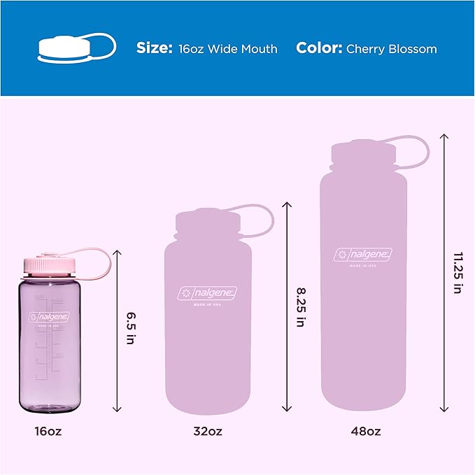 Nalgene 16 oz Wide Mouth Water Bottle | BPA-Free, Durable & Leak Proof, Lightweight Travel Bottle, Fits In Cupholders, Cherry Blossom