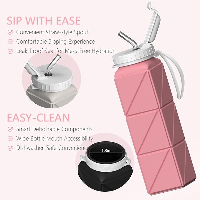 Collapsible Water Bottles 20.6oz 2 Pack, Silicone Foldable Portable Travel Water Bottle, BPA-Free Reusable Leakproof for Travel Camping Hiking Cycling Yoga Sports Outdoor (Darkblue+Pink)